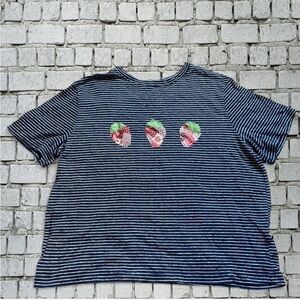 A new day women’s large navy striped strawberry fruit patchwork sewn shirt